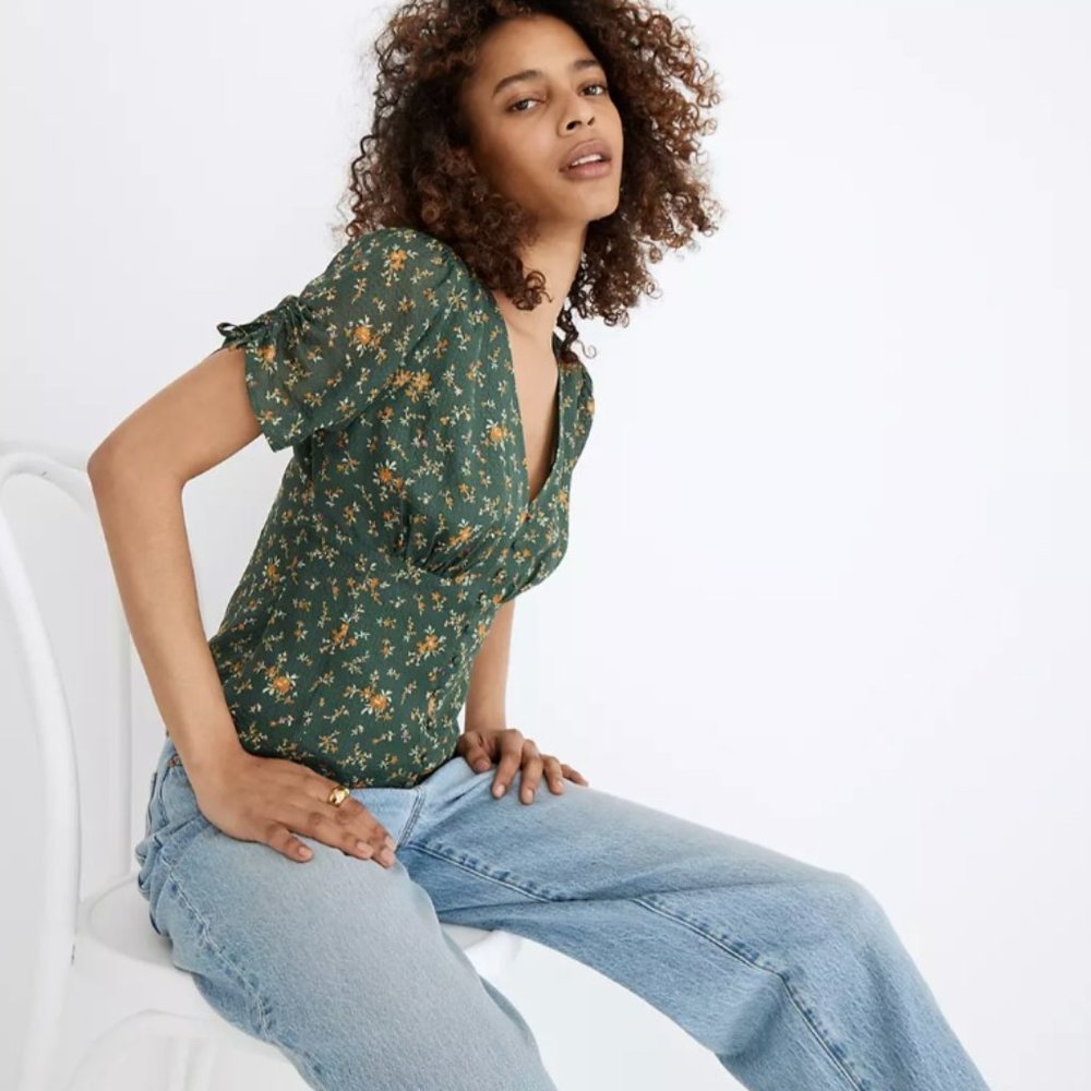 Madewell Silk Evie Tie-Sleeve Top in Fresh Sprigs, size 4